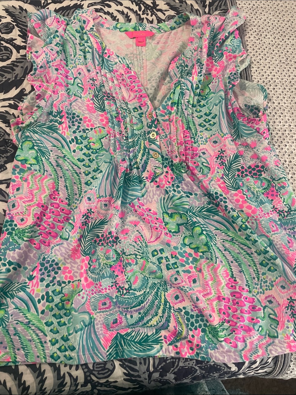 Lilly Pulitzer Pink Aqua Green Printed Blouse